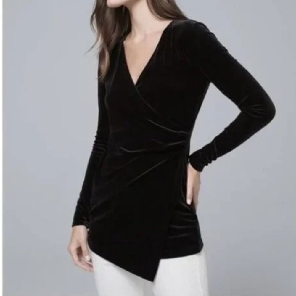 WHBM Black Long-Sleeve V-Neck Draped Velvet Tunic Size Large